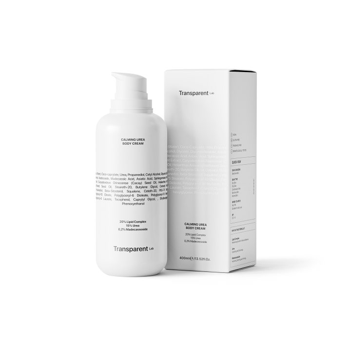 Niche Beauty Lab Transparent Lab Calming Urea Body Lotion 400 ml beroligende kropspleje i hvid pumpeflaske og æske