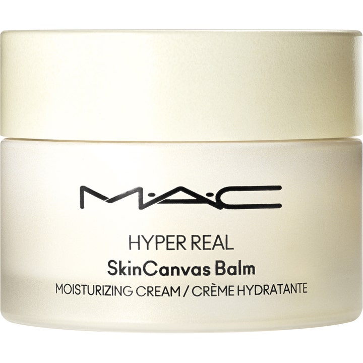 MAC Hyper Real SkinCanvas Balm fugtgivende ansigtscreme i elegant frostet glaskrukke med perlemorsskinnende låg.