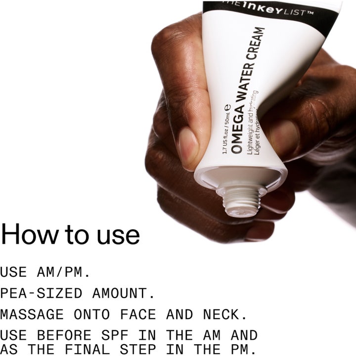 The INKEY List Omega Water Cream 50 ml let dagcreme i hvid tube med brugsanvisning til morgen og aften.