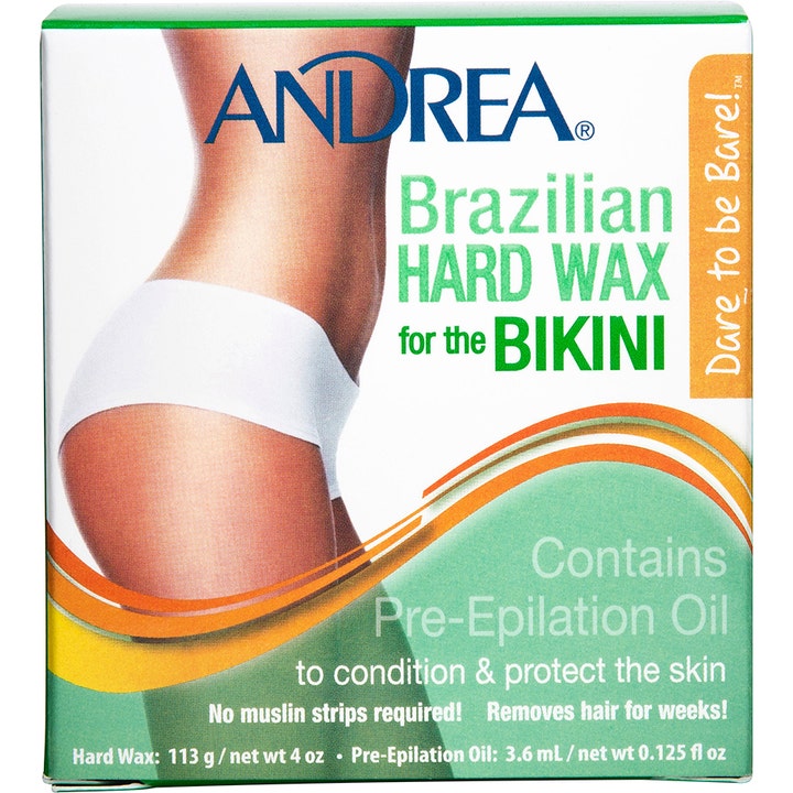 Andrea Brazilian Hard Wax Bikini Kit 113 g effektiv hårfjerning i grøn æske med billede af en kvinde i hvide trusser