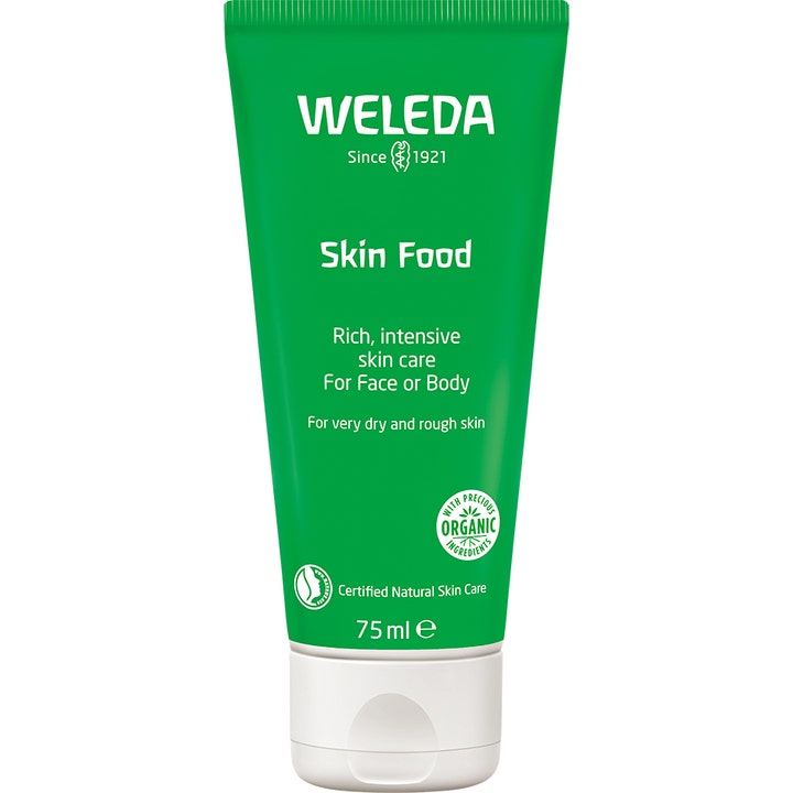 Weleda Skin Food 75 ml nærende creme til tør hud i en klar grøn tube med hvidt skruelåg