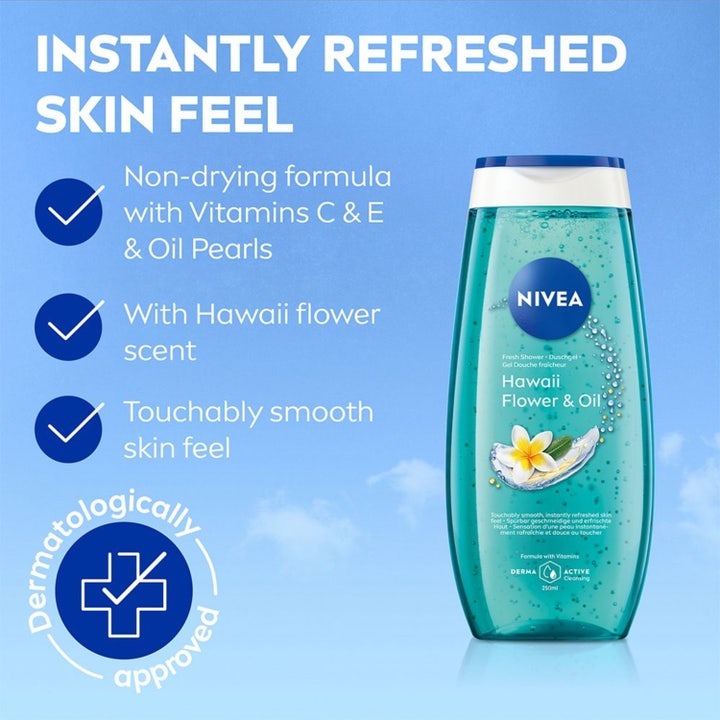 NIVEA Hawaii Flower & Oil Shower 250 ml plejende duschgel med olieperler og hvid Hawaiiblomst i gennemsigtig turkis flaske.