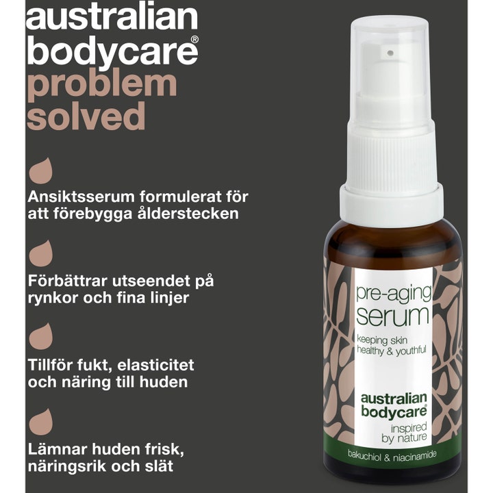Australian Bodycare Pre-anti Age Serum 30 ml modvirker rynker med bakuchiol i en brun glasflaske med pumpe.