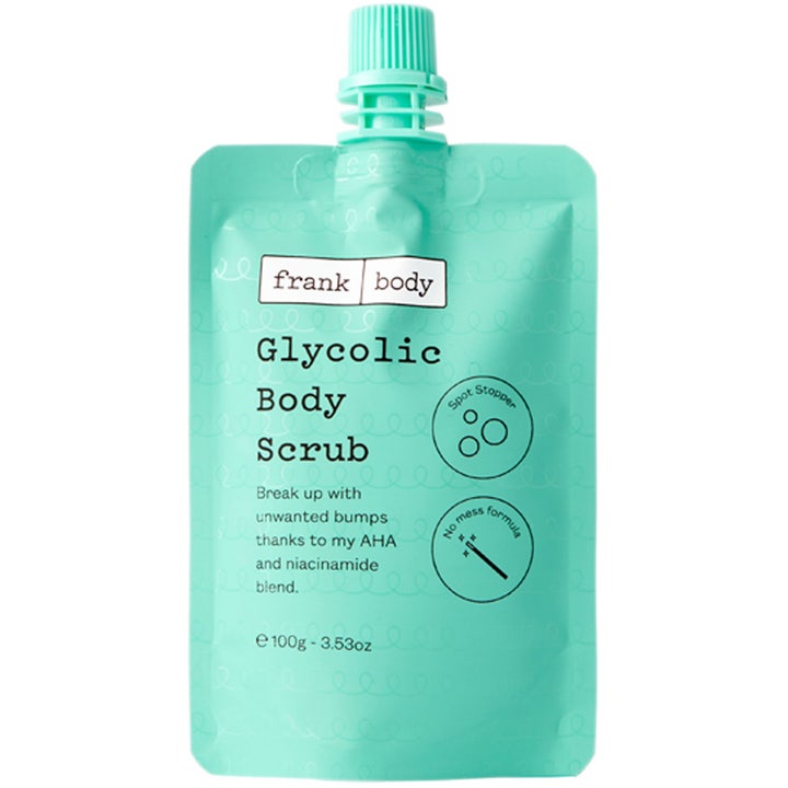 Frank Body Glycolic Body Scrub 100g eksfolierende kropsbehandling i lyseblå klemmepose med skruelåg