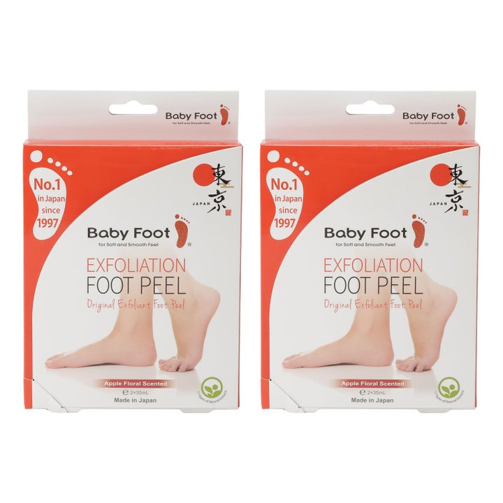 Baby Foot Exfoliation Foot Peel 2x35 ml eksfolierende fodmaske i to hvide og røde æsker med motiv af fødder