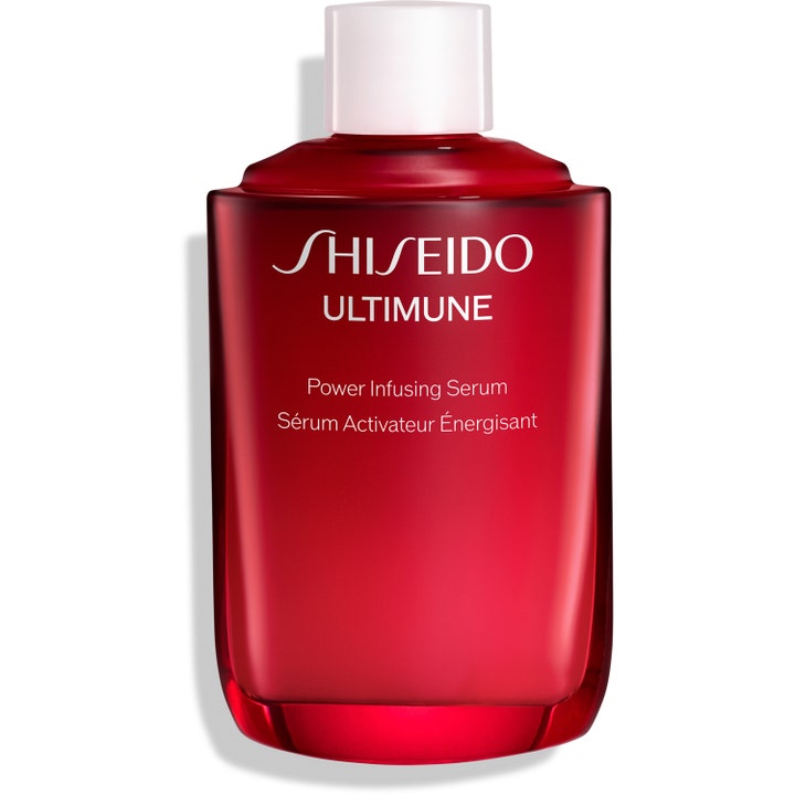 Shiseido Ultimune Power Infusing Serum 100 ml styrkende ansigtsserum i rød glasflaske med hvidt låg
