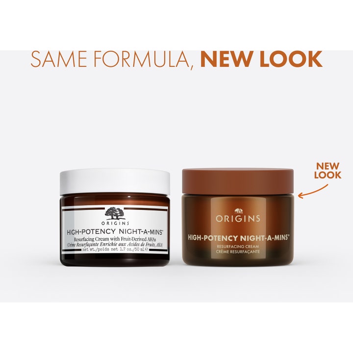 Origins High-Potency Night-A-Mins 50 ml hudfornyende natcreme i brune glaskrukker med gammelt og nyt design.
