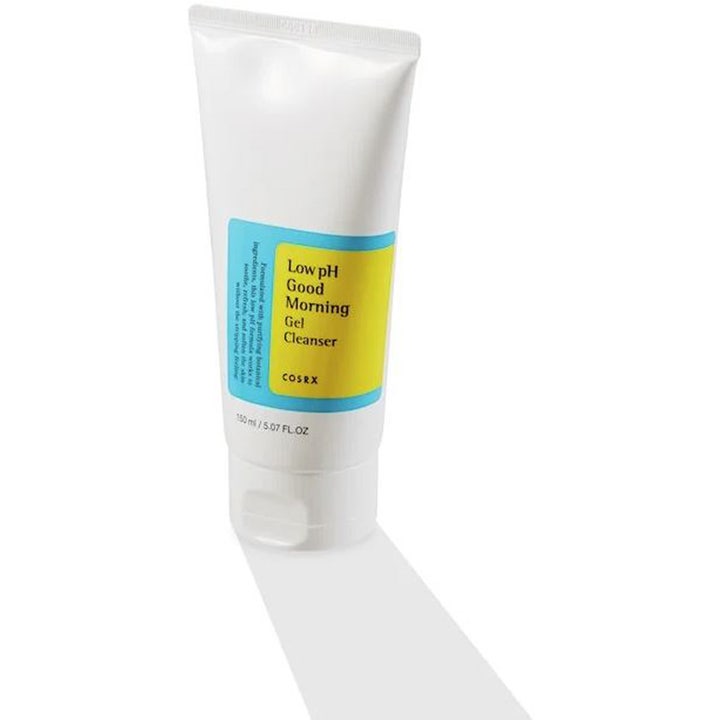 COSRX Low pH Good Morning Gel Cleanser 150 ml skånsom ansigtsrens i hvid tube med gul og blå etiket