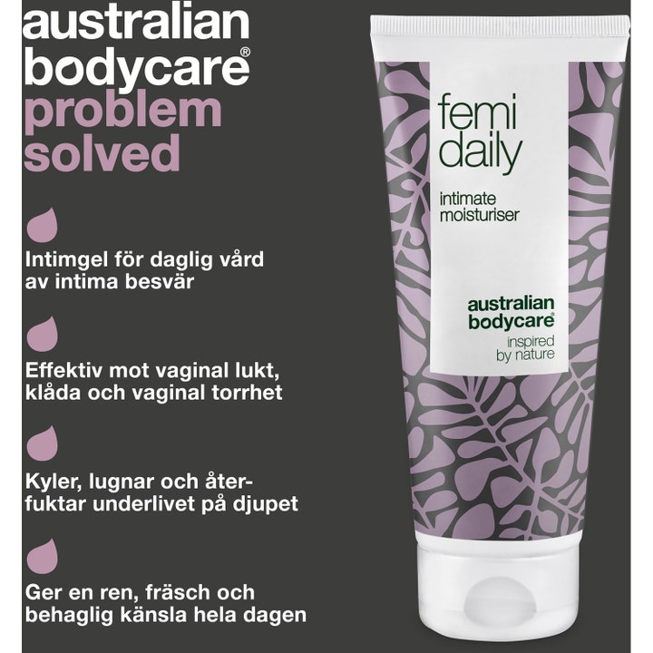 Australian Bodycare Femi Daily 100 ml fugtgivende intimgel mod kløe i hvid tube med lilla bladmønster