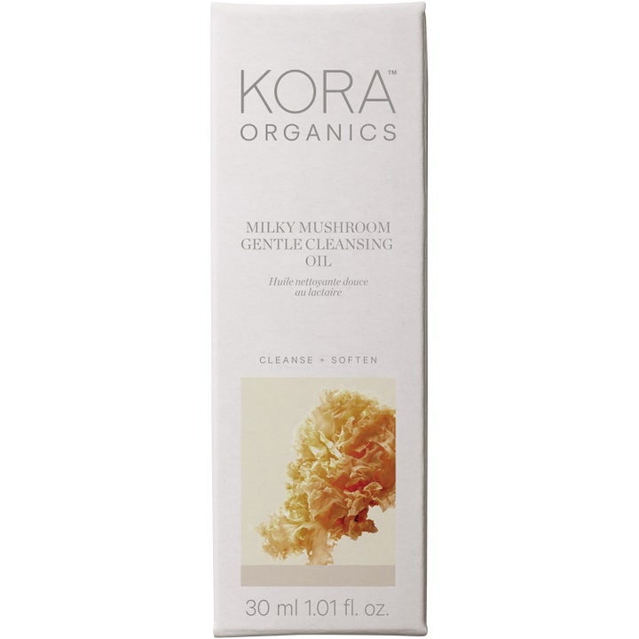 KORA Organics Milky Mushroom Gentle Cleansing Oil 30 ml blødgørende renseolie i hvid æske med billede af en svamp