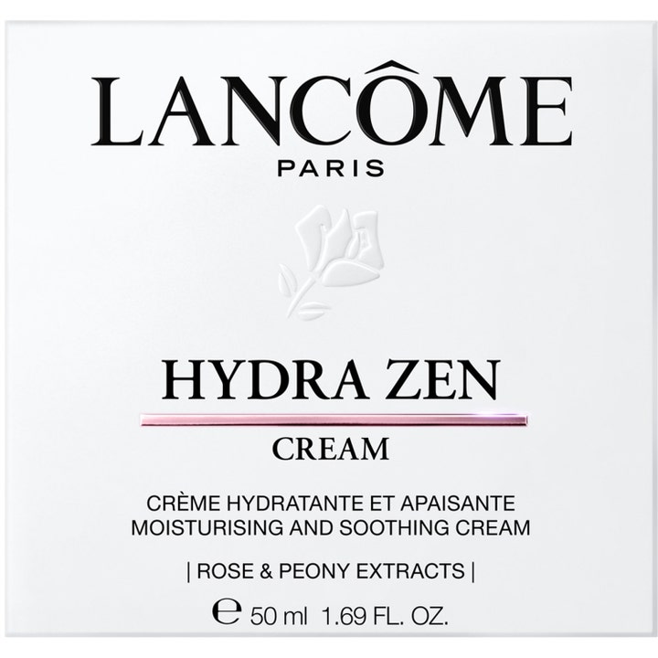 Lancôme Hydra Zen Cream 50 ml beroligende dagcreme i hvid æske med præget rose og roseekstrakter.