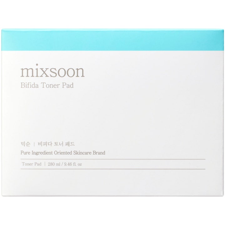 Mixsoon Bifida Toner Pad 120 stk beroligende sheet mask i hvid æske med lyseblå detalje