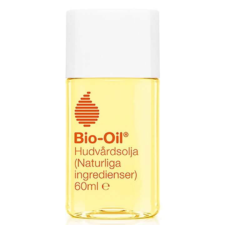 Bio-Oil Hudplejeolie Naturlige Ingredienser 60ml plejende olie til ar i klar flaske med gylden olie og hvidt låg