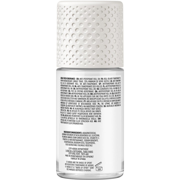 Adidas Climacool For Her Roll-on Deodorant 50 ml mod sved viser bagside med ingredienser på klar flaske med hvidt låg