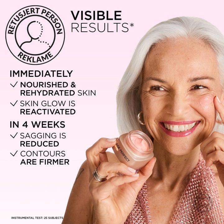 L'Oréal Paris Age Perfect Golden Age Day Creme 50 ml SPF20 dagcreme giver glød vist med smilende kvinde og lyserød creme.