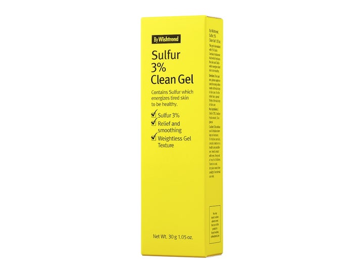 By Wishtrend Sulfur 3% Clean Gel 30 ml beroligende serum mod uren hud i gul papæske med produktinformation