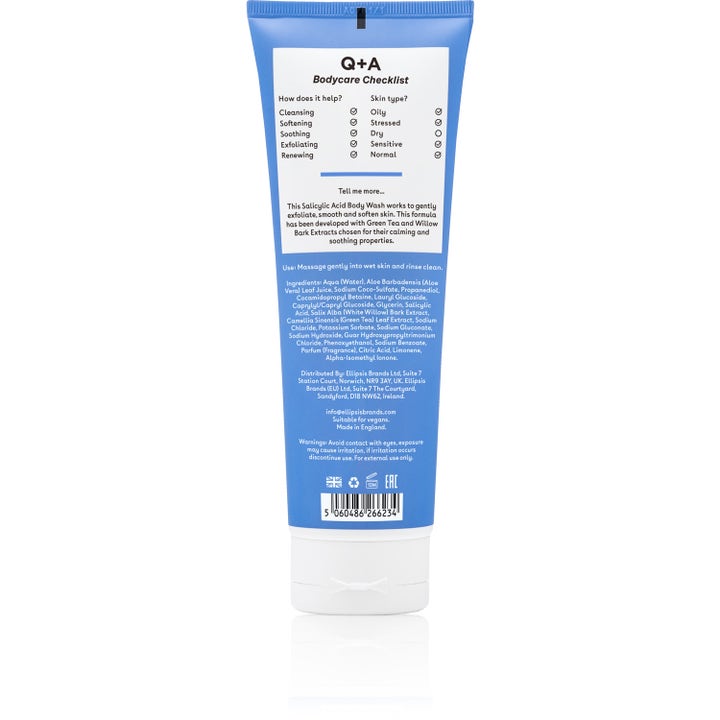 Q+A Salicylic Acid Body Wash 250 ml eksfolierende body wash der blødgør huden viser tubens bagside med checkliste.