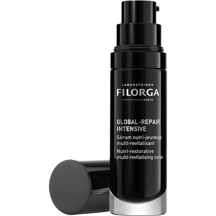 Filorga Global-Repair Intensive Serum 30 ml nærende ansigtsserum i en elegant sort pumpeflaske med separat låg