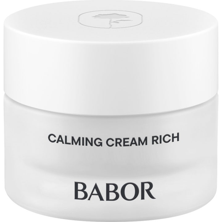 Babor Skinovage Calming Cream Rich beroligende ansigtscreme der skaber ro i frostet glaskrukke med hvidt låg