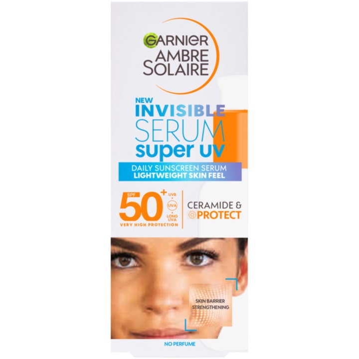 Garnier Ambre Solaire Super UV Invisible Serum 30 ml solcreme med SPF 50+ og ceramider i hvid emballage