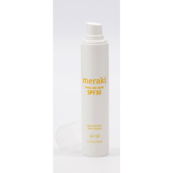 Meraki Facial Sun Cream 50 ml beskyttende solcreme ansigt i hvid pumpeflaske med gul tekst og SPF30