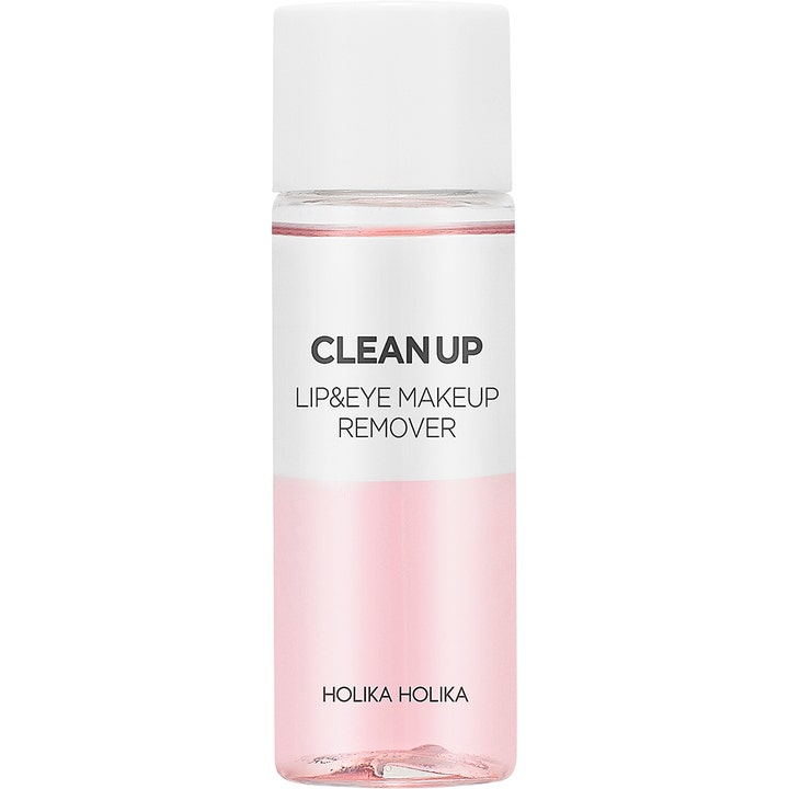 Holika Holika Clean Up Lip & Eye Makeup Remover effektiv makeupfjerner i klar flaske med to-faset lyserød væske