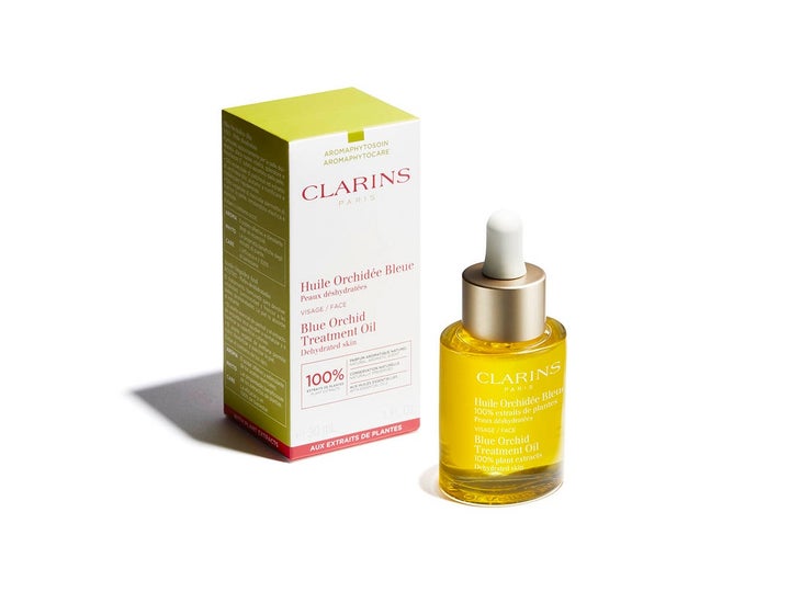 Clarins Blue Orchid Face Treatment Oil 30 ml fugtgivende ansigtsolie i glasflaske med pipette og hvid æske