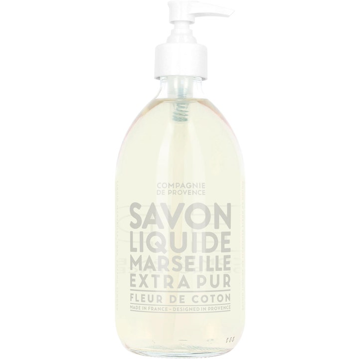 Compagnie de Provence Savon Liquide Marseille Fleur de Coton 500 ml plejende håndsæbe i klar flaske med hvid pumpe