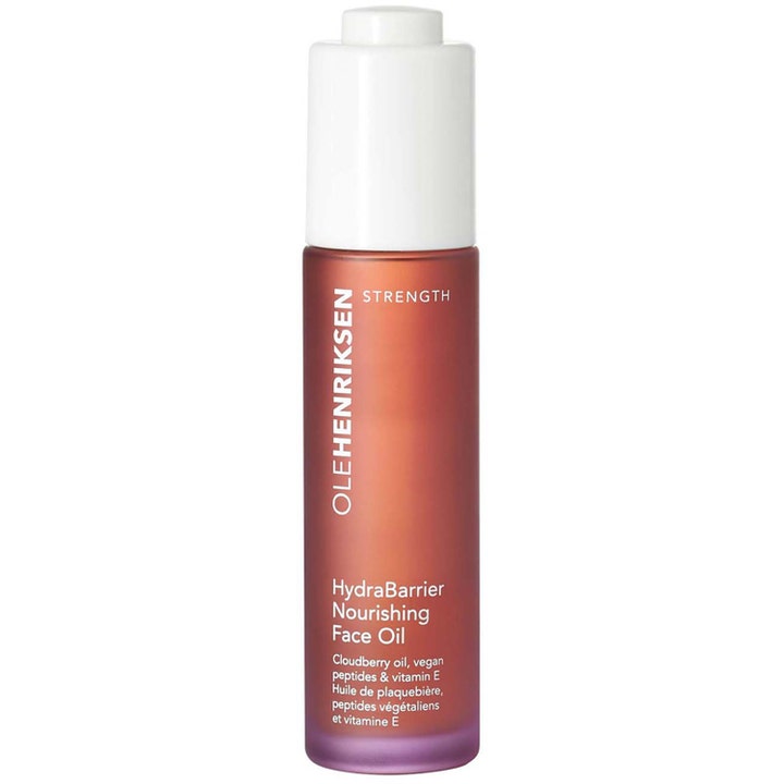 Olehenriksen HydraBarrier Nourishing Face Oil 30ml styrkende ansigtsolie i en lilla og orange flaske med hvid pumpe