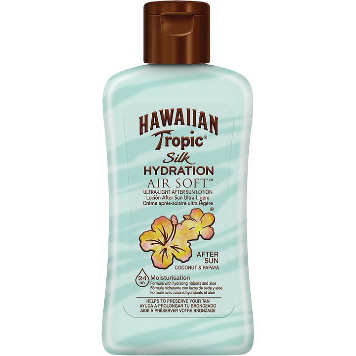Hawaiian Tropic Silk Hydration Air Soft After Sun fugtgivende lotion med aloe vera i klar flaske med silkebånd.