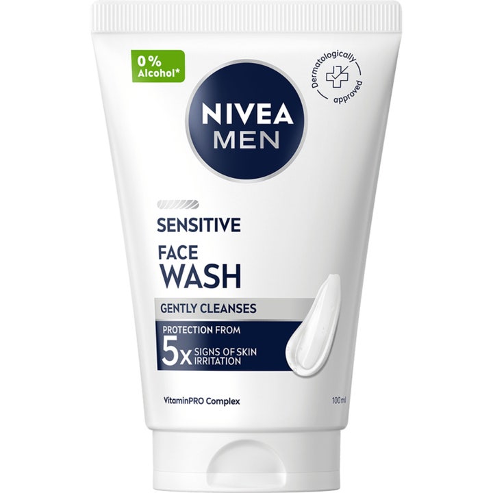 Nivea Men Sensitive Face Wash 100 ml mild ansigtsvask i hvid plasttube med gennemsigtigt vindue til gelen