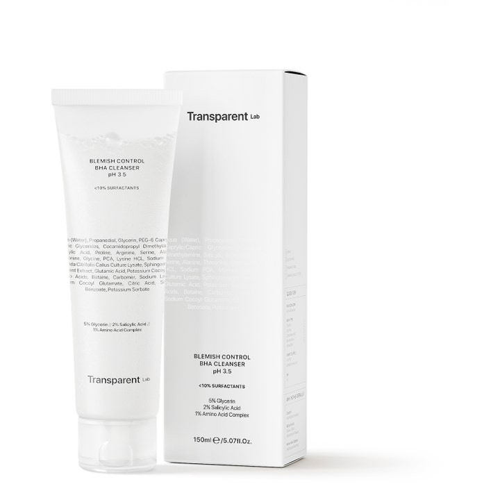 Niche Beauty Lab Transparent Lab Blemish Control BHA Cleanser 150 ml ansigtsrens i hvid tube og kasse med salicylsyre