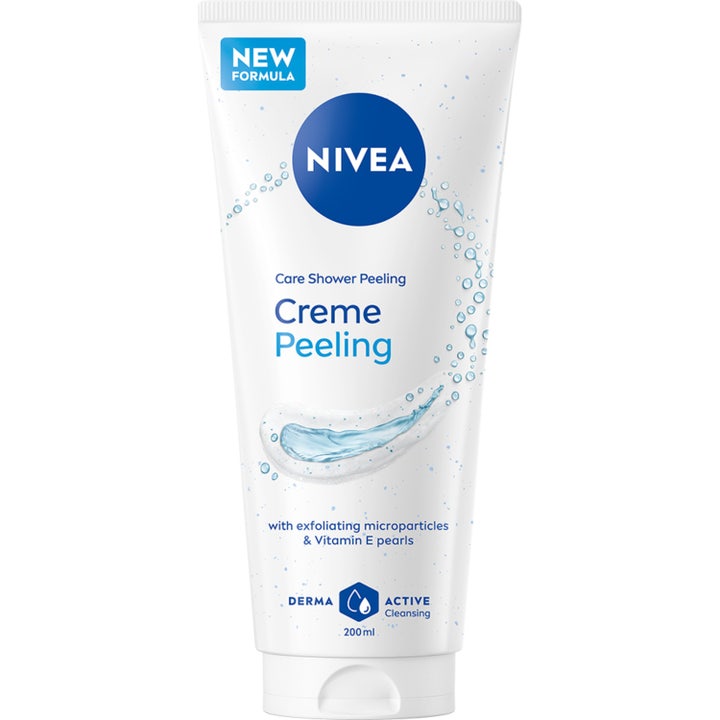 Nivea Creme Peeling 200 ml eksfolierende kropspeeling i hvid tube med blå detaljer og vanddråber