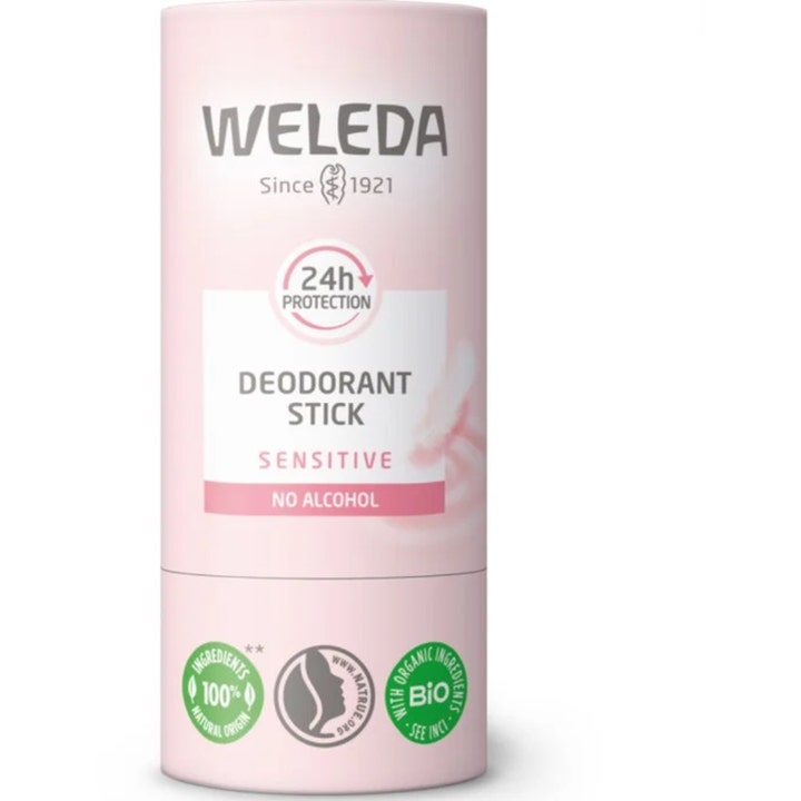 Weleda Deodorant Stick Sensitive 50 ml giver 24 timers beskyttelse i en lyserød cylinderformet emballage.