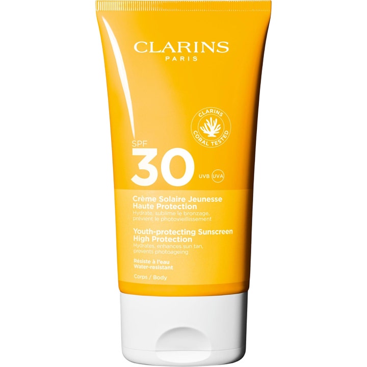 Clarins Youth-protecting Sunscreen SPF 30 solcreme i gul tube der giver høj beskyttelse og forebygger aldring