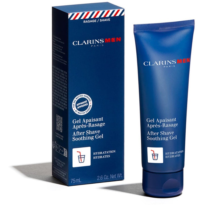 Clarins Men After Shave Soothing Gel 75 ml beroligende ansigtspleje i mørkeblå tube med matchende papæske.