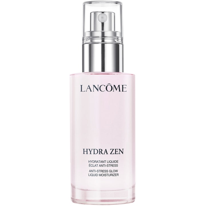 Lancôme Hydra Zen Glow Liquid Moisturizer fugtgivende ansigtscreme i klar flakon med lyserød væske og sølvpumpe
