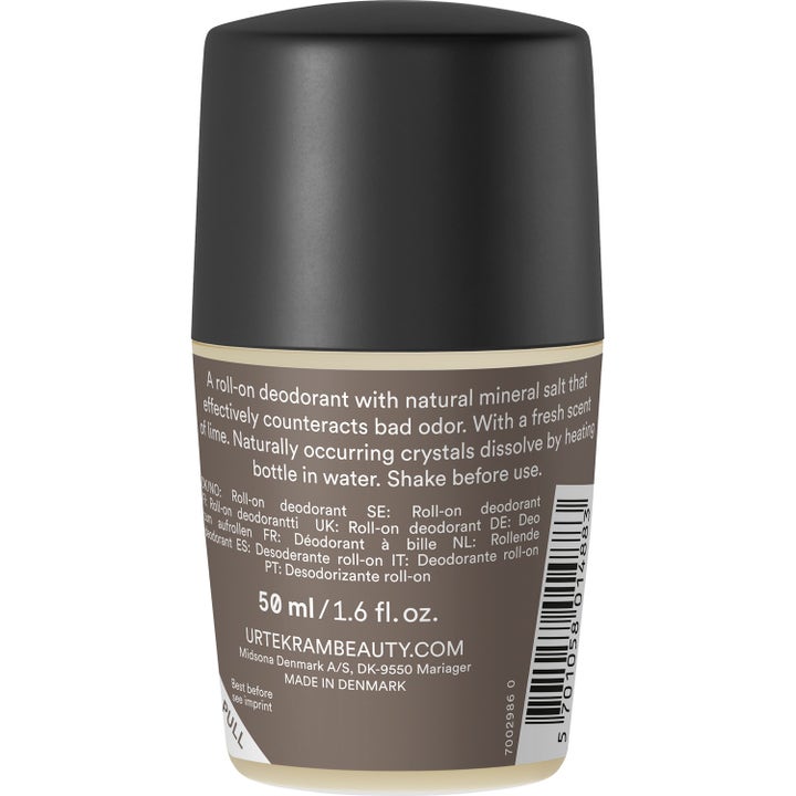 Urtekram Crystal Deo Lime 50 ml roll-on deodorant med mineralsalt set fra bagsiden med sort låg