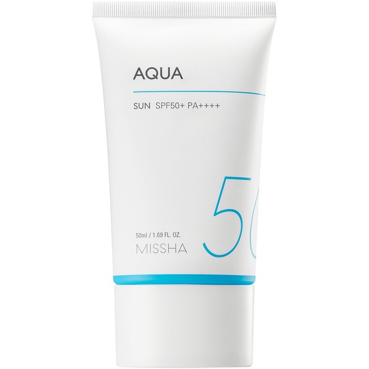Missha All Around Safe Block Aqua Sun 50ml fugtgivende solcreme SPF 50 i hvid tube med lyseblå detaljer