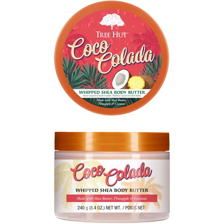 Tree Hut Coco Colada Whipped Shea Body Butter 240 g fugtgivende kropscreme i rund krukke med orange låg og tropisk motiv