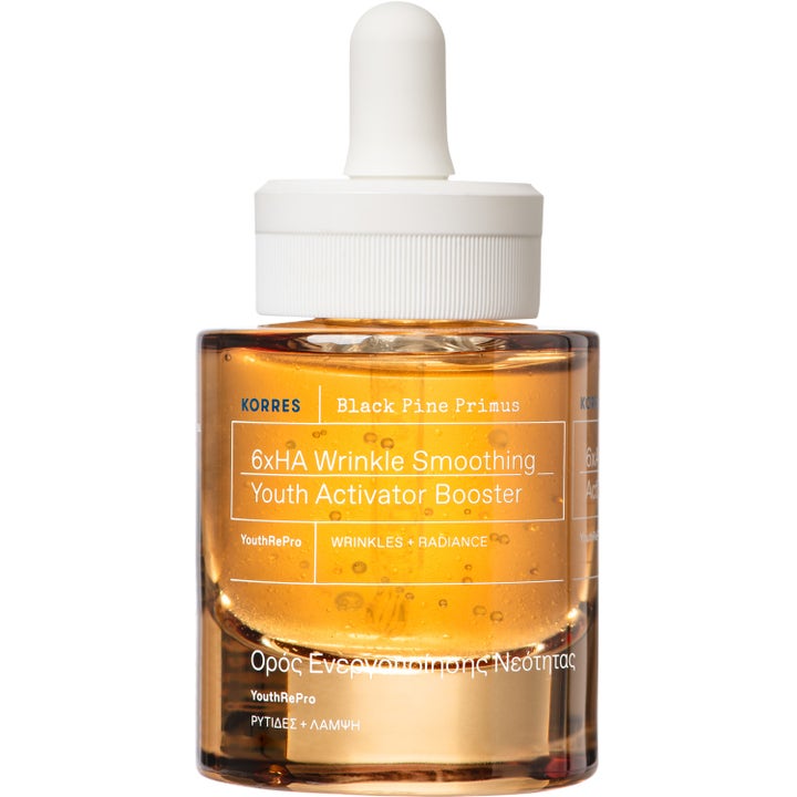 Korres Black Pine Primus 6xHA Youth Activator Booster 30ml udglatter rynker i ravfarvet glasflaske med hvid pipette
