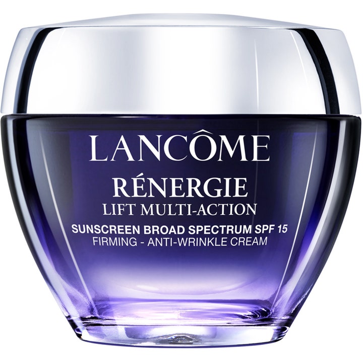 Lancôme Rénergie Lift Multi-Action opstrammende dagcreme med SPF 15 i en mørkelilla glaskrukke med sølvlåg.