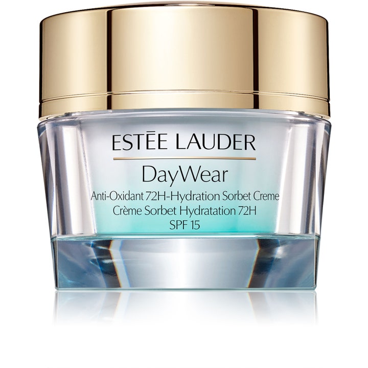 Estée Lauder DayWear Sorbet Creme SPF 15 fugtgivende dagcreme i klar glaskrukke med lyseblå konsistens og guldlåg