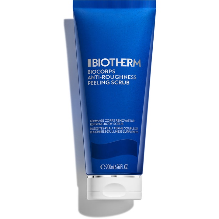 Biotherm Biocorps Anti-Roughness Peeling Scrub 200 ml udglattende kropsskrub i en blå tube med hvidt fliplåg.
