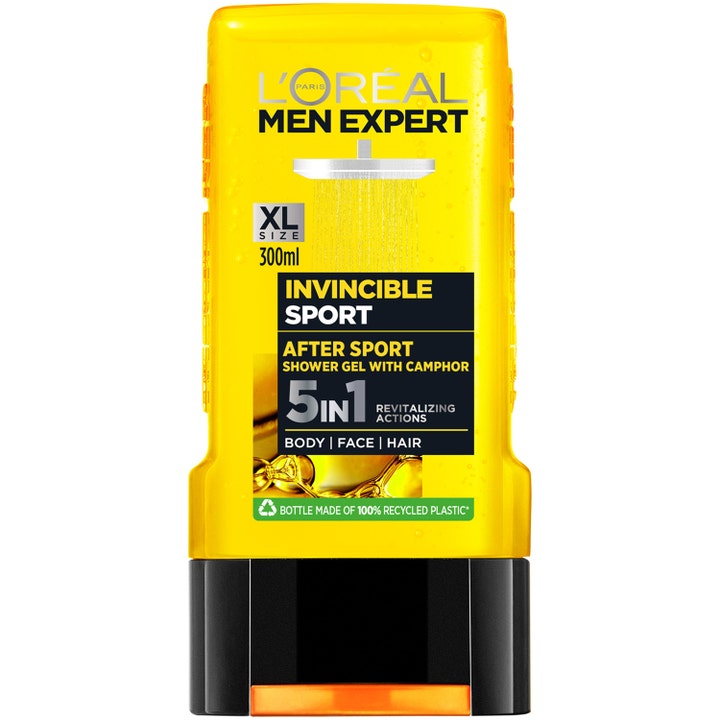 L'Oréal Men Expert Invincible Sport 300ml opfriskende showergel i gul plastflaske med sort låg