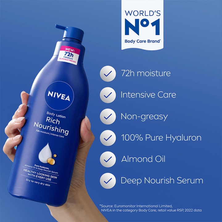 NIVEA Rich Nourishing Body Lotion 400 ml fugtgivende kropspleje i blå pumpeflaske med tekst om 72h moisture