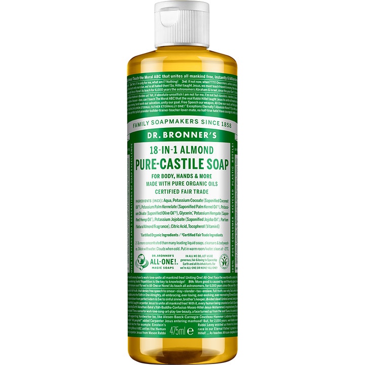 Dr. Bronner's 18-in-1 Almond Pure-Castile Soap 475 ml plejende flydende sæbe i klar flaske med gul væske og grøn tekst