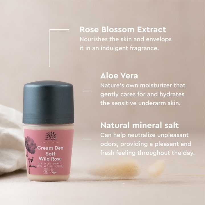 Urtekram Soft Wild Rose Deo 50 ml plejende cream deo med rose og aloe vera vist med beskrivende ingredienstekst