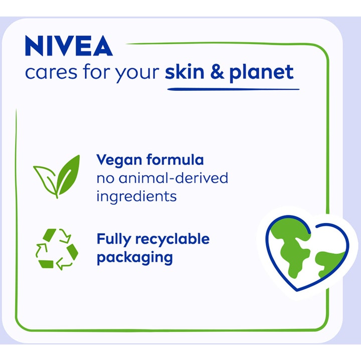 NIVEA Cleansing Milk Soothing 200 ml beroligende ansigtsrens grafik om vegansk formel og genanvendelig emballage
