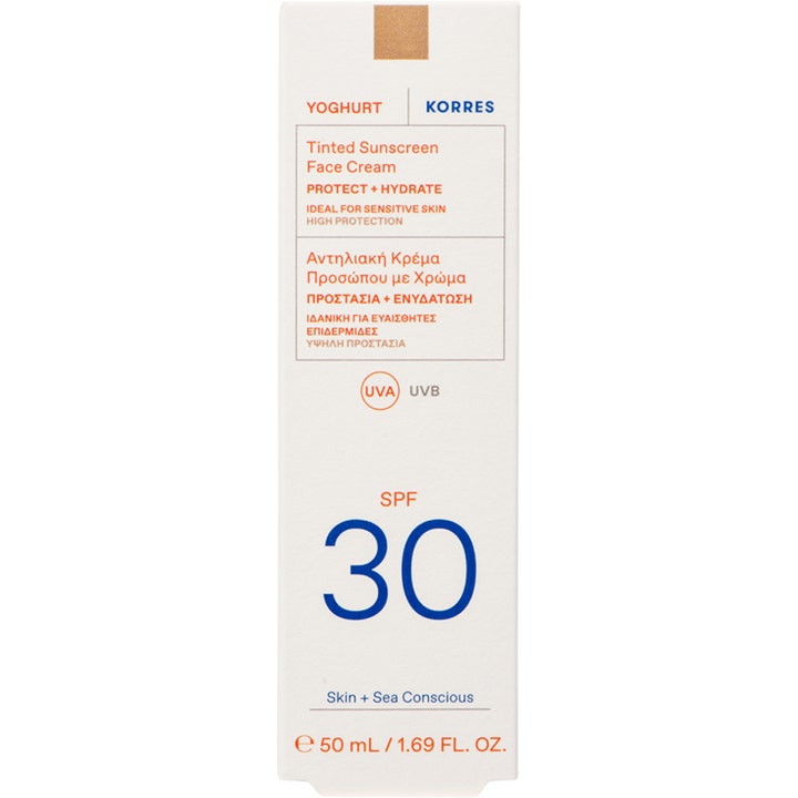 Korres Yoghurt Tinted Sunscreen Face Cream 50 ml fugtgivende solcreme til ansigtet i hvid papæske med SPF 30